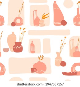 Patrón incomparable con estética estética minimalista boho estética estética estética estética de moda impresión. Ilustraciones vectoriales estéticas modernas con ánforas antiguas en arcos para fondo, papel pintado, plantilla de afiches