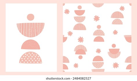 Seamless pattern with mid century geometric shape and pink flower on white background. Pink geometric patterns isolated on white background vector.