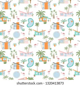 Seamless pattern with mid century modern houses and palms