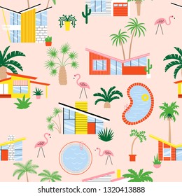 Seamless pattern with mid century modern houses and palms