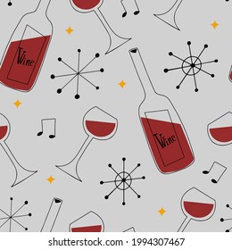 Seamless pattern in mid century modern style with wine bottle, wineglasses, musical notes and abstract sparks