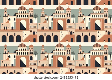 Seamless pattern of Middle Eastern city. Repeating ornament with Arab Muslim town architecture, mosque, houses, palm trees and stairs. Morocco Islamic cityscape. Abstract flat vector illustration