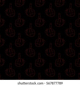 Seamless pattern with the middle finger. The expression of aggression, rudeness, provocation and insulting. Red finger on a black background.