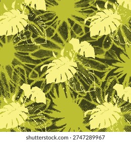Seamless pattern with midium colour dot flower and llight leaf. Hand drawn vector illustration. Boho, cottage core, needlework retro wallpa.eps