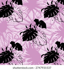 Seamless pattern with midium colour dot flower and black leaf. Hand drawn vector illustration. Boho, cottage core, needlework retro wallpa.eps.eps