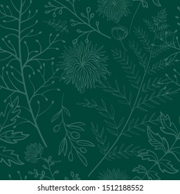 Seamless pattern. Midnight green. Exotic plants. Branches and leaves. Color trend palette. Shade of green. Fashion color.