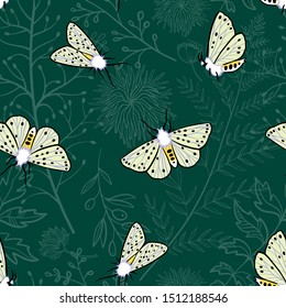 Seamless pattern. Midnight green. Moths in the night garden. White ermine moth. Tropical forest. Exotic plants. Branches and leaves. Color trend palette. Shade of green. Fashion color.