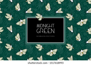 Seamless pattern. Midnight green. Moths in the night garden. White ermine moth. Tropical forest. Exotic plants. Color trend palette. Shade of green. Fashion color.