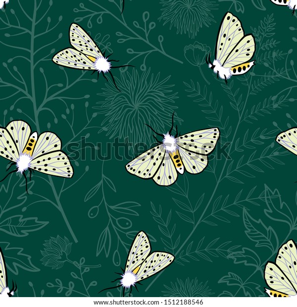 Seamless Pattern Midnight Green Moths Night Stock Vector Royalty