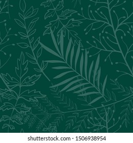 Seamless pattern. Midnight green. Tropical forest. Rainforest. Exotic plants. Branches and leaves. Color trend palette. Shade of green. Fashion color.