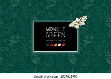 Seamless pattern. Midnight green. White ermine moth. Tropical forest. Exotic plants. Color trend palette. Shade of green. Fashion color.