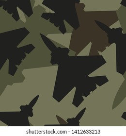 Seamless pattern of military aircraft on green background.Camouflage.Print on clothes on fabric on paper,on textiles.Modern design.Vector