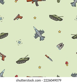 Iconos del doodle militar del patrón sin foco. Ilustración vectorial de un conjunto de equipo militar, artículos del ejército.