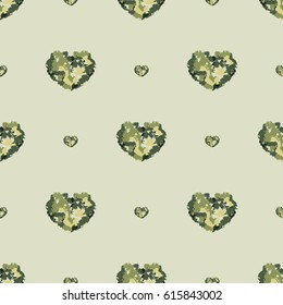 Seamless pattern with military hearts from watercolor blurs isolated on green background. Vector illustration