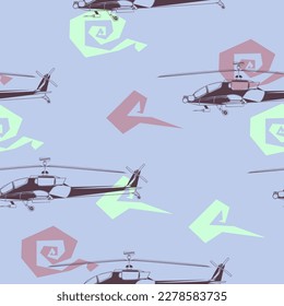 Nahtloses Muster. Militärhubschrauber mit Wolken. Hintergrund mit Kampffahrzeug. Farbige Vektorgrafik einzeln auf violettem Hintergrund.