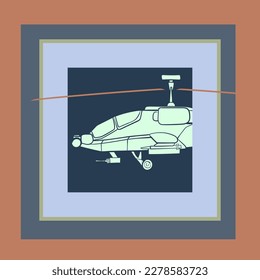 Seamless pattern. Military helicopter in the frame. Backdrop with combat vehicle. Colorful vector illustration isolated on background.