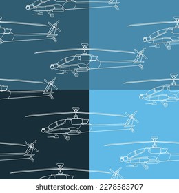 Patrón sin foco. Arte de la línea de helicópteros militares. Montaje con vehículo de combate. Ilustración vectorial colorida aislada en fondo azul.