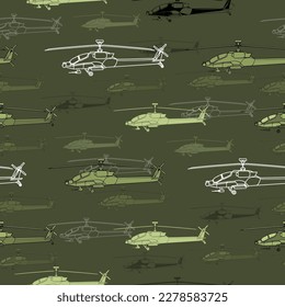 Patrón sin foco. Muchos helicópteros militares. Fondo con vehículo de combate. Ilustración vectorial colorida aislada sobre fondo verde.