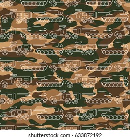Seamless pattern with military machines on camouflage background. Can be used for graphic design, textile design or web design.
