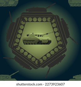 Seamless pattern with military Tank. Abstract emblem. Green insignia. Backdrop with combat vehicle. Colorful vector illustration isolated on grey background.