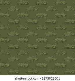 Seamless pattern with military Tank Brigade. Backdrop with combat vehicle. Colorful vector illustration isolated on grey background.