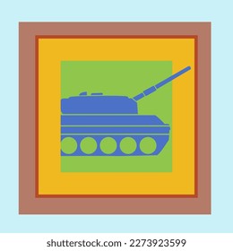 Patrón sin inconvenientes con el tanque militar en el marco. Fondo con vehículo de combate. Ilustración vectorial colorida aislada en fondo gris.