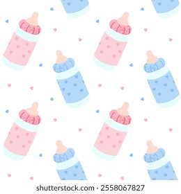 Seamless pattern Milk bottle with nipple, baby bottle, baby feeding.