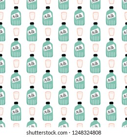 Seamless pattern with milk bottles and glasses. Vector template for wrapping paper, bedding pattern for kids, package design.