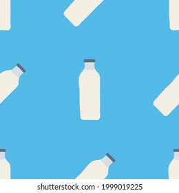 Seamless pattern of milk bottles in hand-drawn line style. vector illustration on blue background