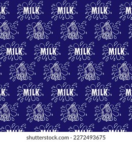 Patrón sin inconvenientes con botellas de leche y grabado aislados en fondo azul