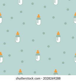 Patrón sin foco con botellas de leche sobre un fondo azul con puntos de polka. Muestra nutricional de recién nacidos. Patrón infantil en el estilo minimalista. Ilustración plana vectorial para diseño de impresión, textil.