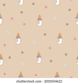 Seamless pattern with milk bottles on a beige pastel polka dot background. A sample of nutrition for newborns. Children s pattern in the style of minimalism. Vector flat illustration for print design.