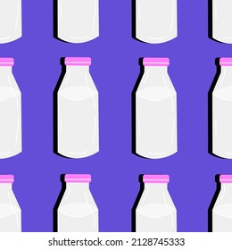 Seamless pattern with milk bottles on a blue background. Vector illustration.