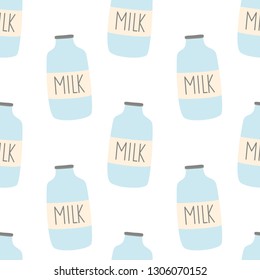 Seamless pattern with milk bottles. Vector template for wrapping paper, bedding pattern for kids, print on clothes.