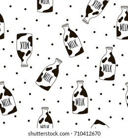 Seamless pattern with milk bottles. Vector template for wrapping paper, bedding pattern for kids, print on clothes.