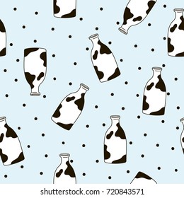 Seamless pattern with milk bottles. Vector template for wrapping paper, bedding pattern for kids, print on clothes.