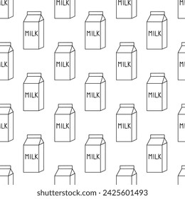 Seamless Pattern with Milk Box. Carton packaging. Dairy product background. Hand drawn doodle, sketch monochrome style. Vector flat illustration.
