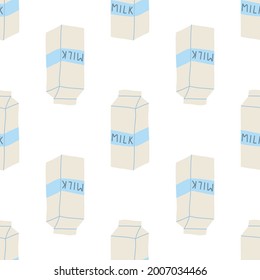 Patrón transparente de cajas de leche en línea dibujada a mano. ilustración vectorial sobre fondo blanco