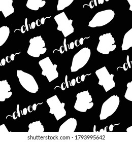 Seamless pattern milk chocolate cacao beans, coffee cup and sweet candy on black background. Hand drawn white elements. Use to wrapping paper, postcard, packaging, menu, cafe, restaurants.