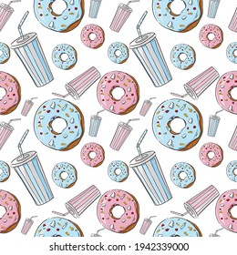 Patrón inmaculado con cóctel de leche y donut en tonos pastel. Esbozo. Comida rápida. No hay día de dieta. Postre. Donut azul y rosado detallado dibujado a mano. Cartel. Imprimir para tela, embalaje, etiqueta, cartel, p