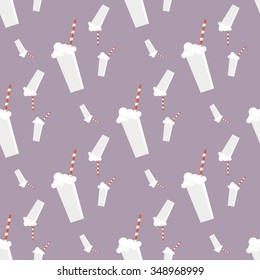 Seamless pattern with milk cocktails on brown background. Can be used for for design wrapping paper or another different backgrounds. Vector illustration.