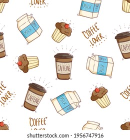 seamless pattern of milk, coffee and cupcake