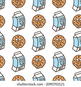 seamless pattern milk and cookies character on white background