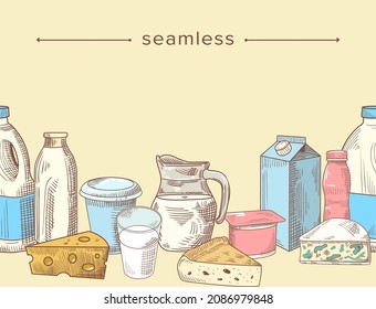 Seamless Pattern with Milk and Dairy Farm Food Products. Hand Drawn Border, Sketch Frame with Engraved Elements. Doodle Composition with Cream, Yogurt and Butter or Cheese. Linear Vector Illustration