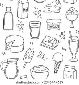 Patrón sin foco de leche y productos lácteos doodle.  Alimentos agrícolas: queso, mantequilla, yogur, leche, helado, queso de cabaña en forma de boceto.  Ilustración vectorial dibujada por mano 