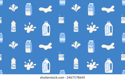 Seamless pattern with Milk. Milk in different packages, cardboard, bottle, milk box. Dairy drops and splash.World milk day. 1 June. National dairy month. Vector illustration in flat hand drawn style