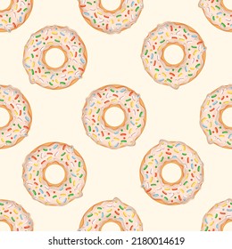 Nahtloses Muster mit MilchDonuts und bunten Sprinklen. Vektorgrafik für Stoffe, Texturen, Wallpaper, Poster, Karten. Bearbeitbare Elemente.