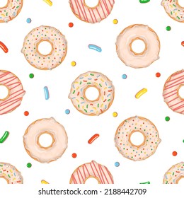 Seamless pattern with milk donuts and colorful sprinkles. Vector illustration for fabrics, textures, wallpapers, posters, cards. Editable elements.