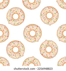 Seamless pattern with milk donuts and colorful sprinkles. Vector illustration for fabrics, textures, wallpapers, posters, cards. Editable elements.