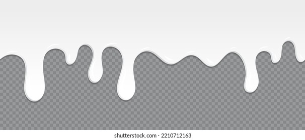 Seamless pattern of milk dripping. Milk or white liquid dripping. Beautiful background. Realistic design. Dessert background with milk. Banner seamless pattern. Vector illustration